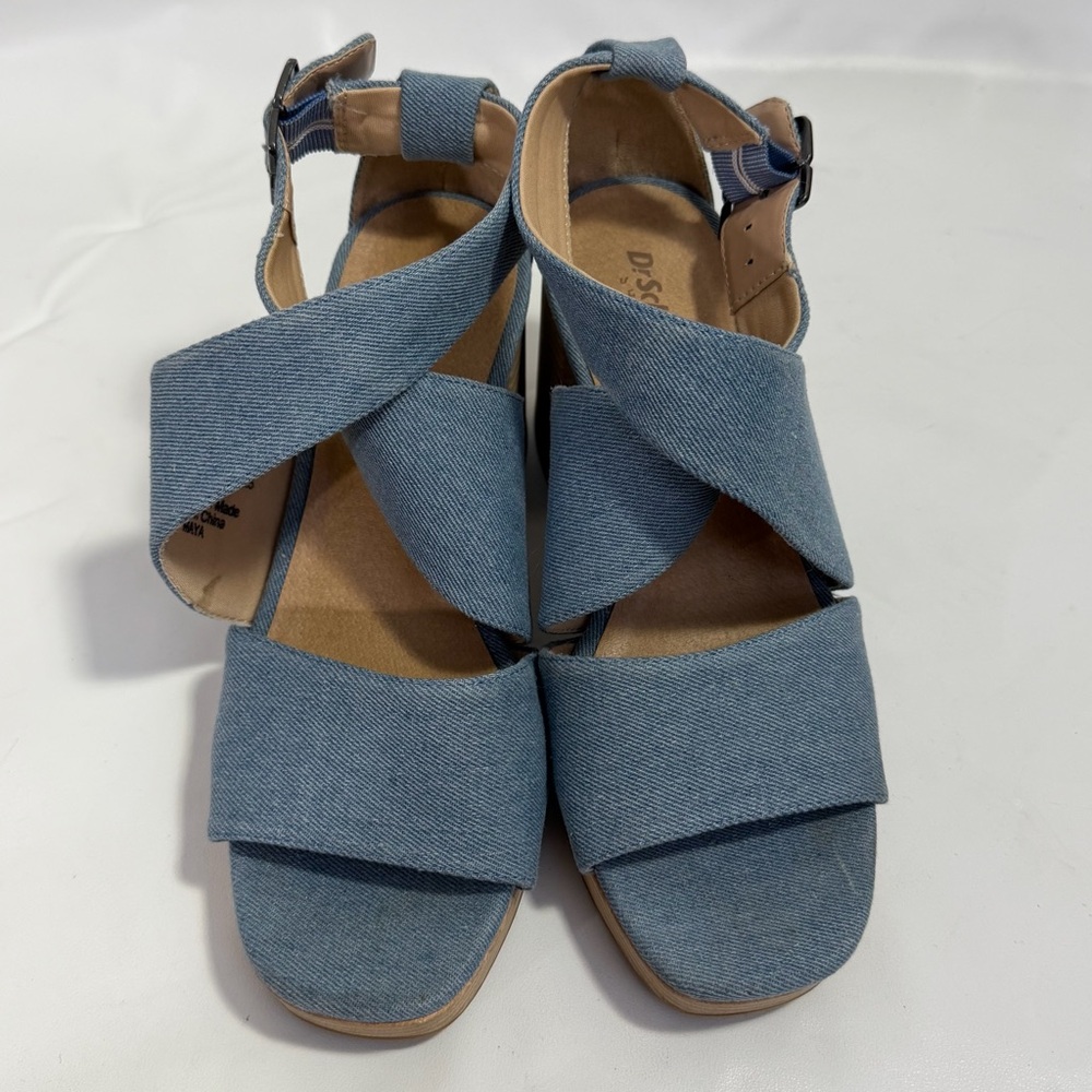 Dr Scholl’s Platform Chunky Heels Ankle Strap Sandals 8 M Blue Denim - Picture 4 of 15